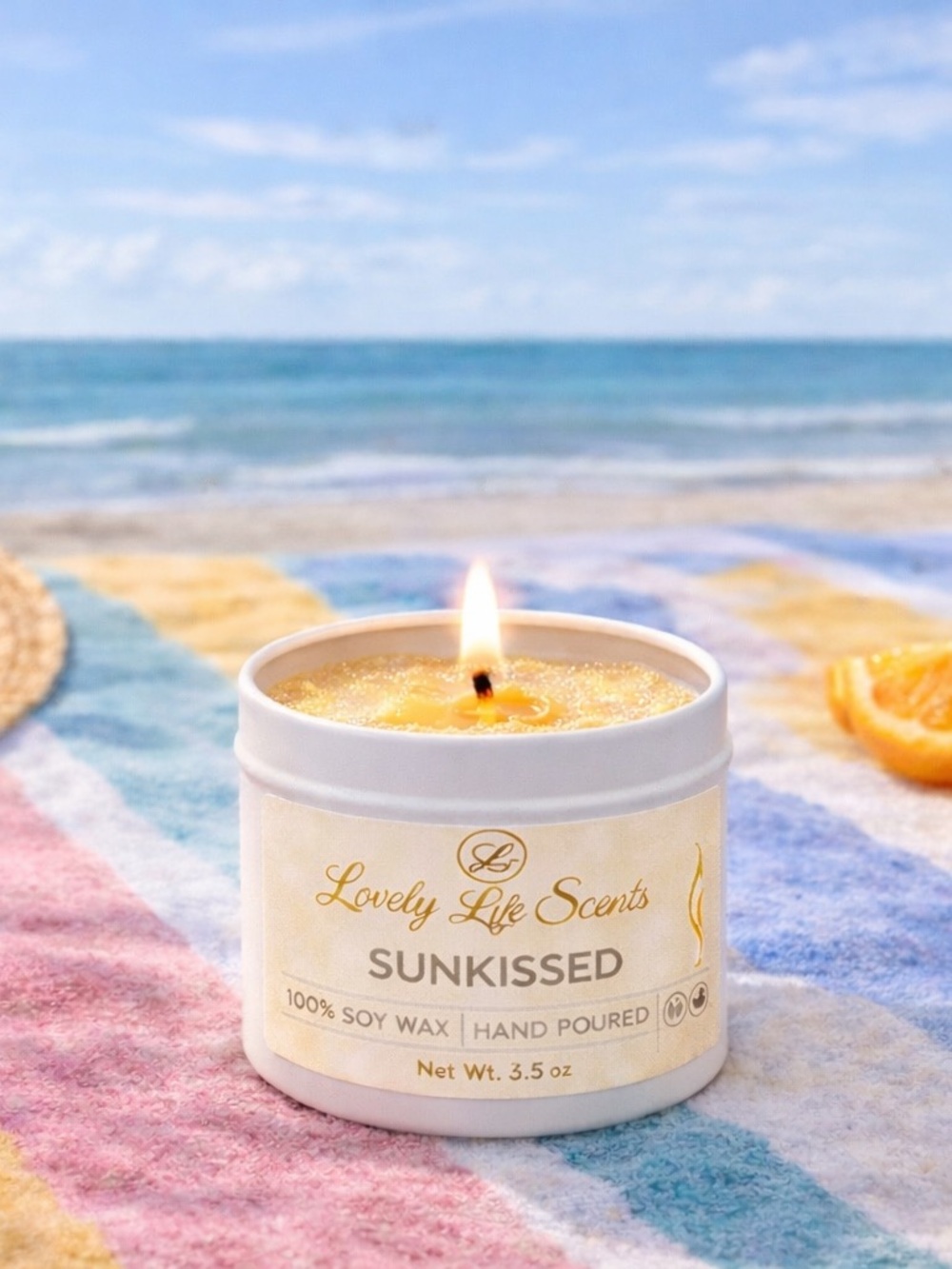 Sunkissed Mini 3.5oz Premium Soy Wax Candle, a Sun Bathing Scent